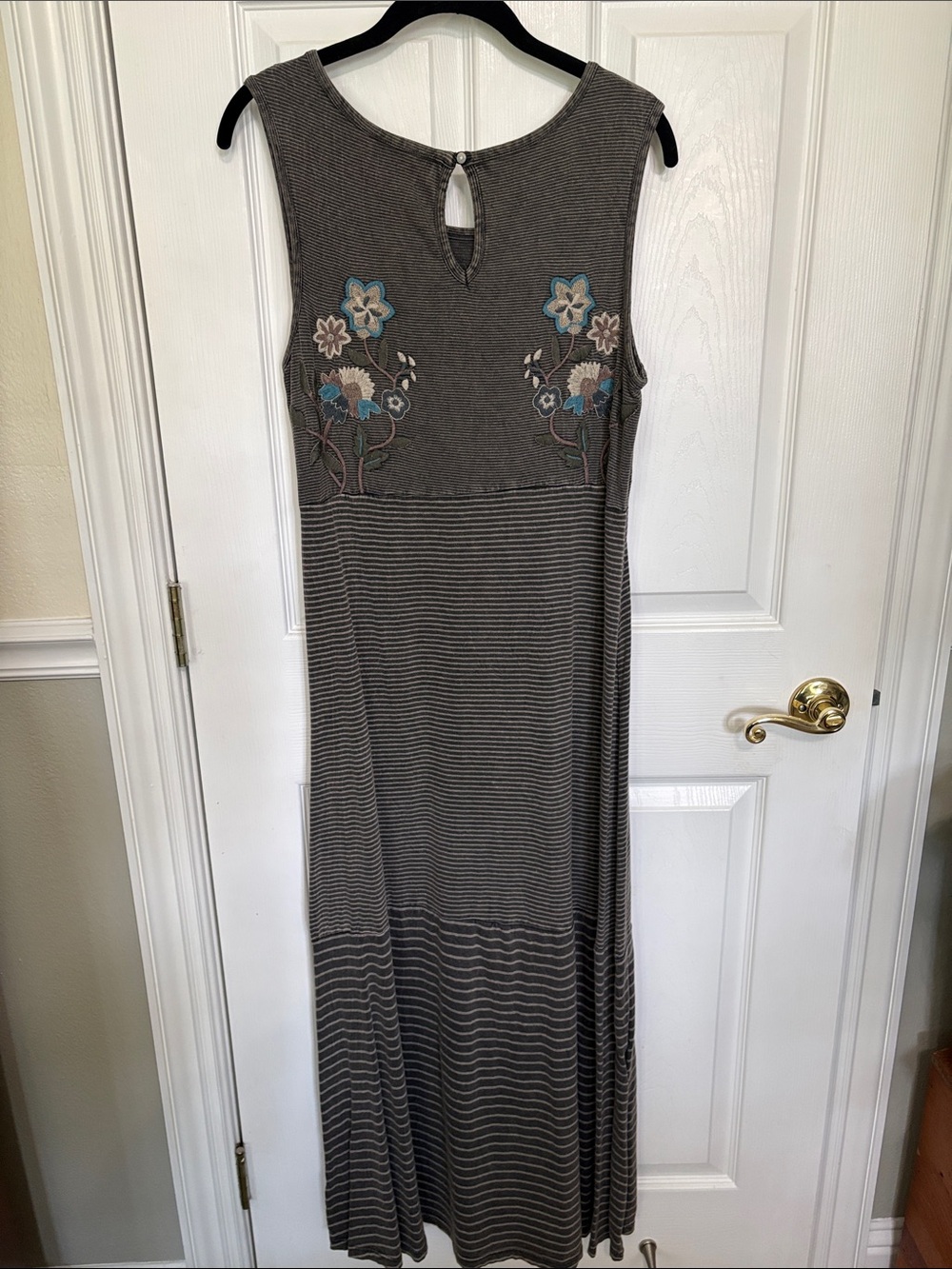 Coldwater Creek Floral Embroidered Striped Sleeveless Maxi Dress BOHO Beach - Picture 2 of 16